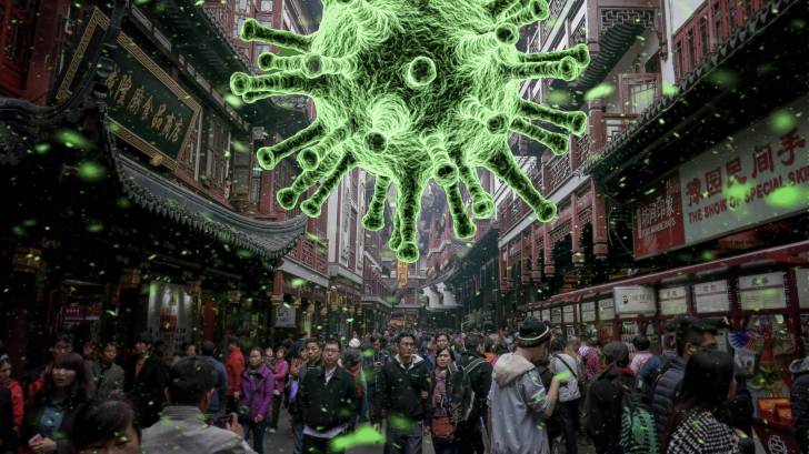 coronovirus symbol above crowded market