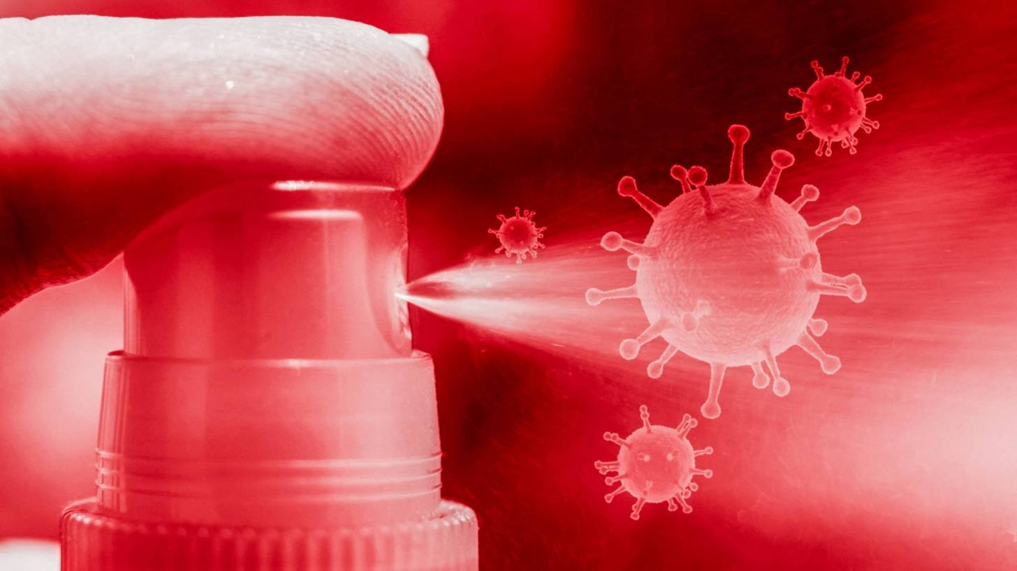 showing a spray bottle and coronavirus