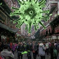 coronovirus symbol above crowded market